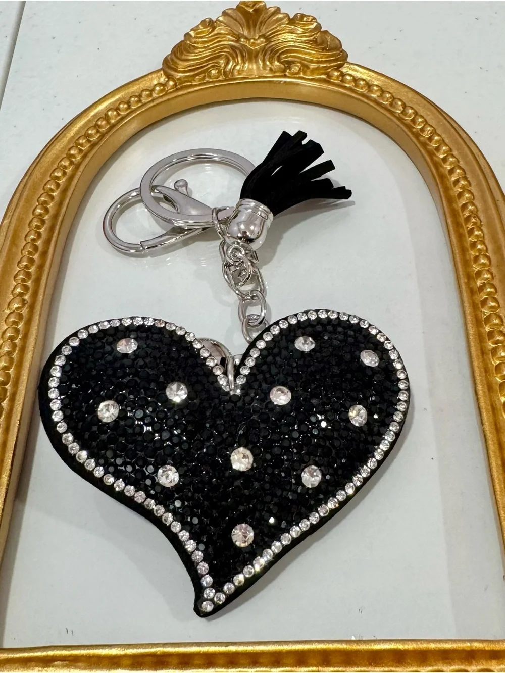 New Black Crystal Heart Keychain with Tassel